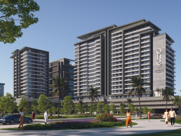 One RAK Central residential tower overlooking landscaped RAK Central