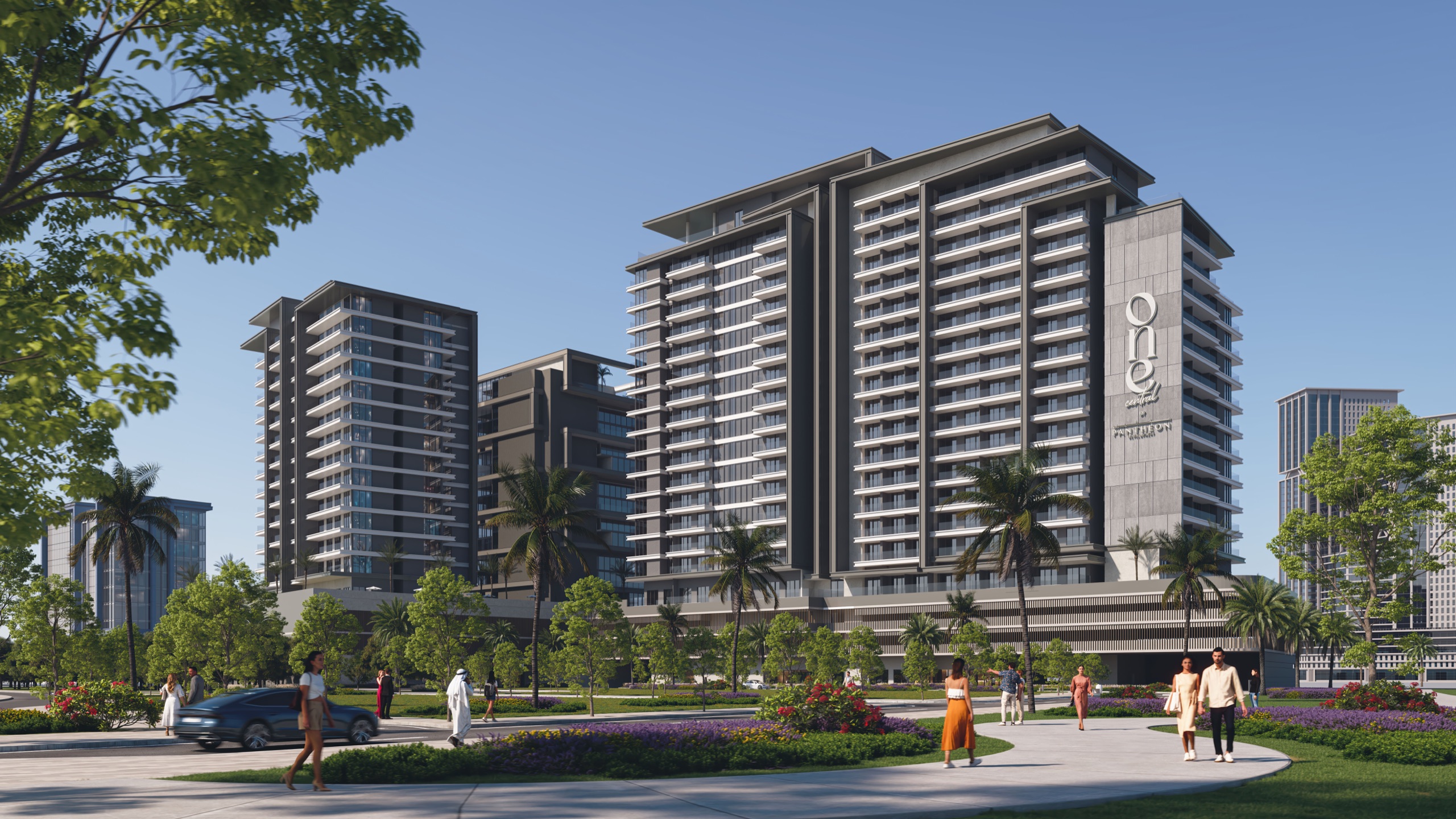 One RAK Central residential tower overlooking landscaped RAK Central