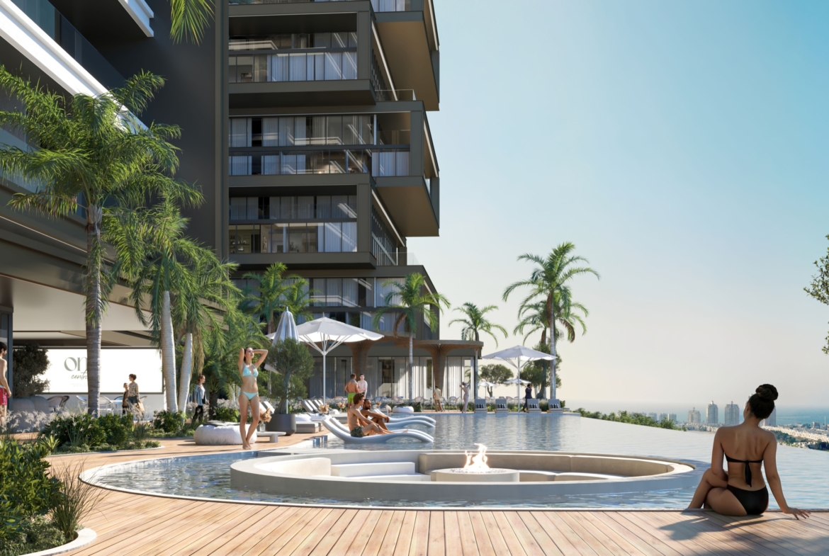 Infinity pool and landscaped podium at One RAK Central