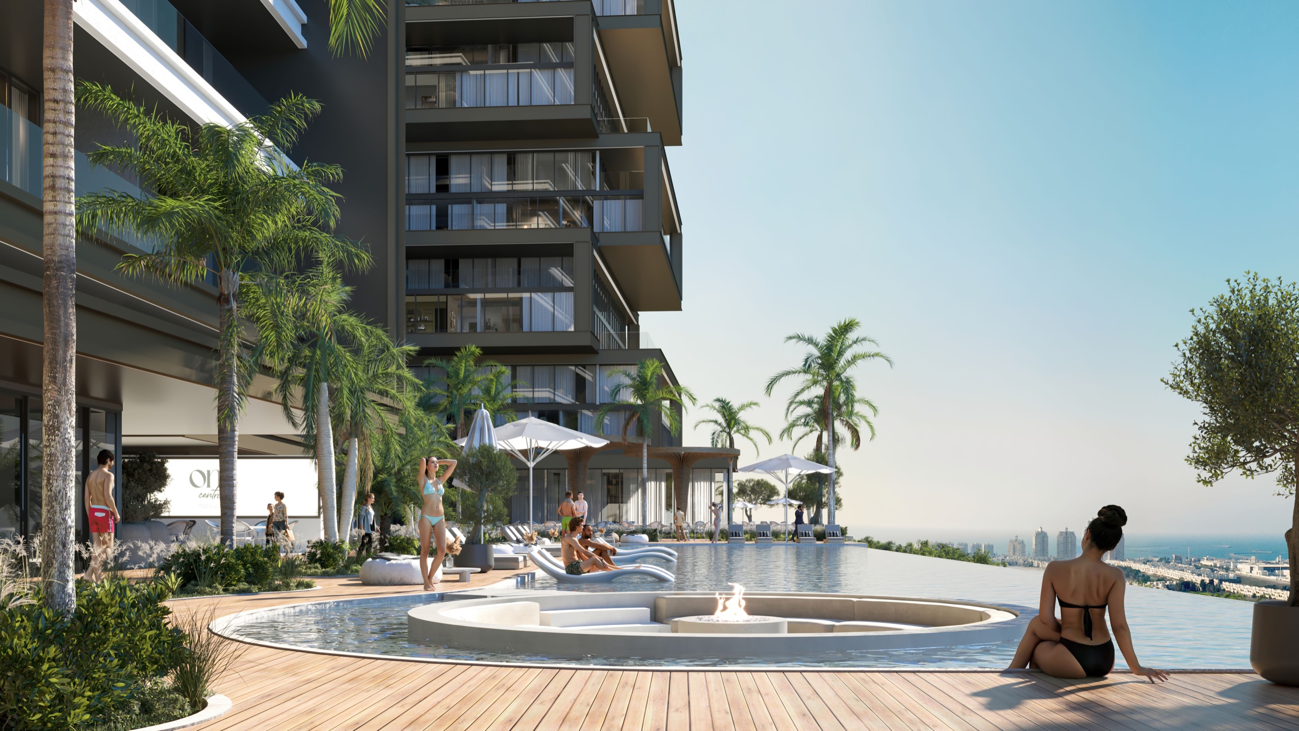 Infinity pool and landscaped podium at One RAK Central