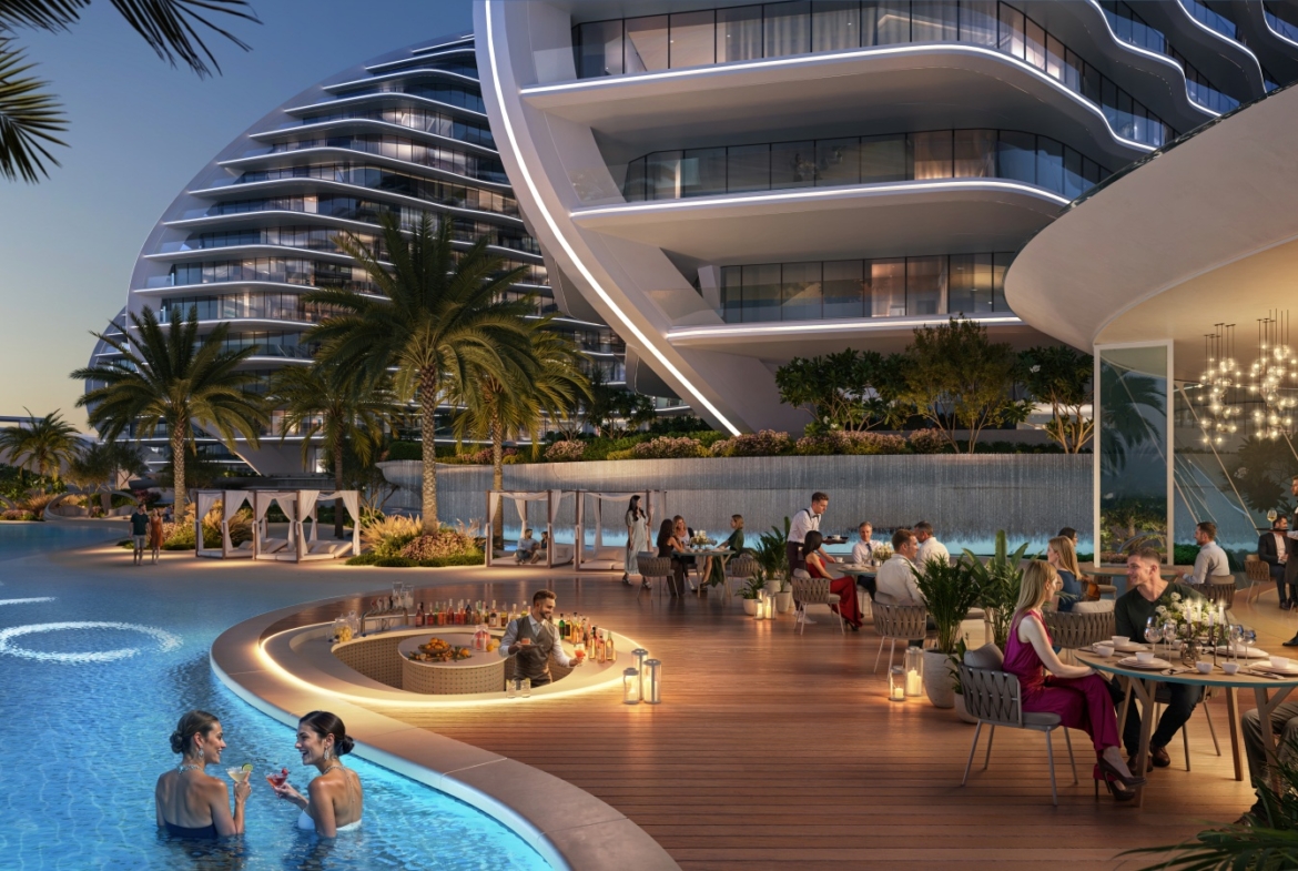 Poolside dining and amenities at Oystra by Richmind at dusk
