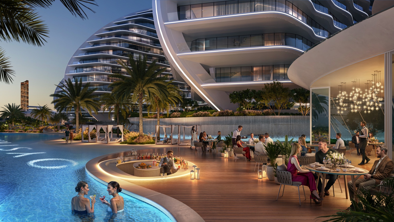 Poolside dining and amenities at Oystra by Richmind at dusk