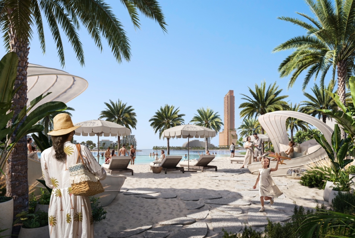 Landscaped beach access at Oystra on Al Marjan Island