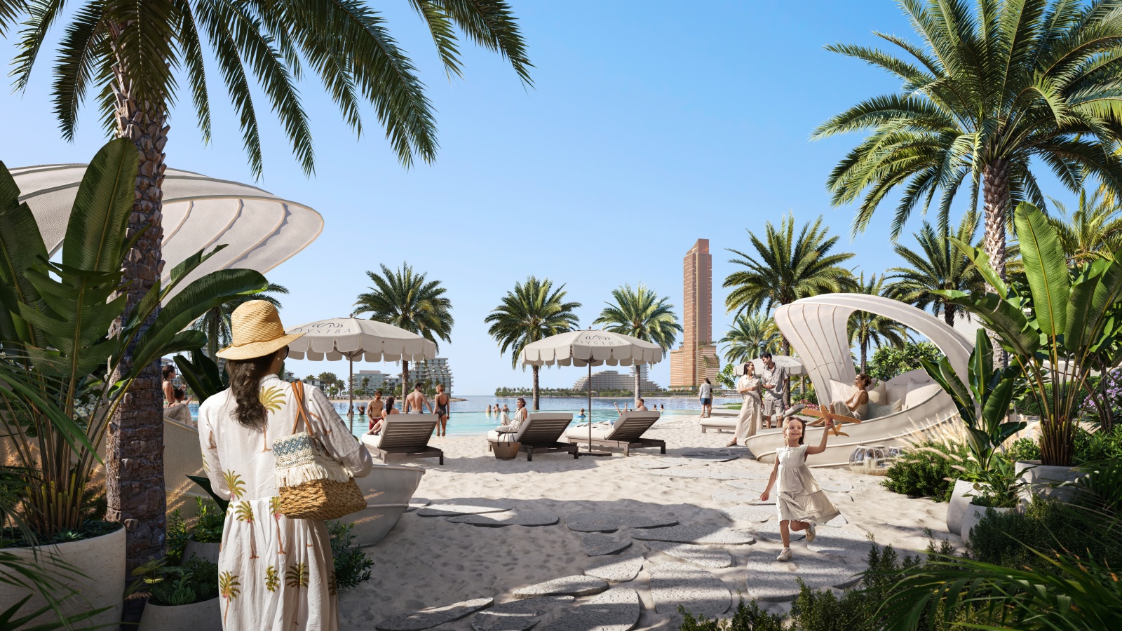 Landscaped beach access at Oystra on Al Marjan Island