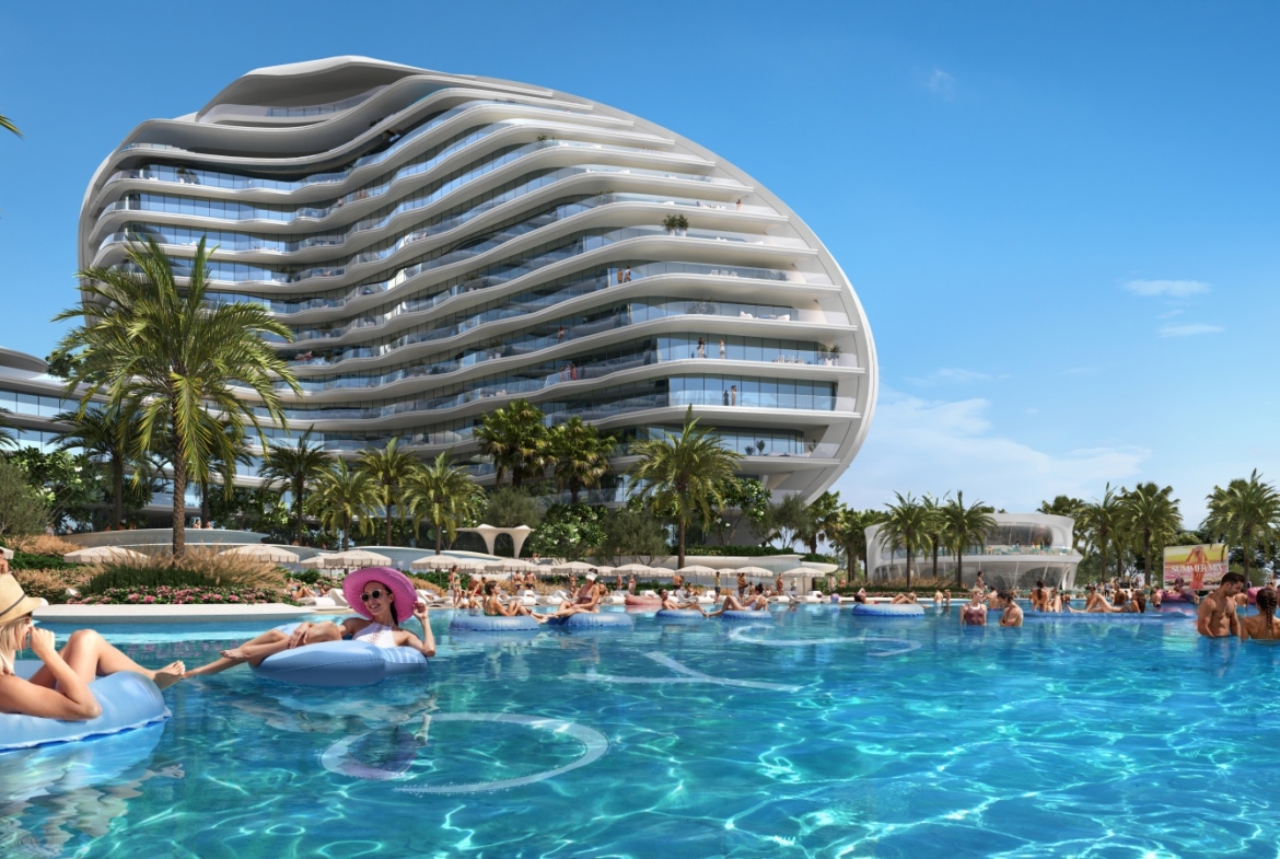 Resort pool beside an Oystra residential tower on Al Marjan Island