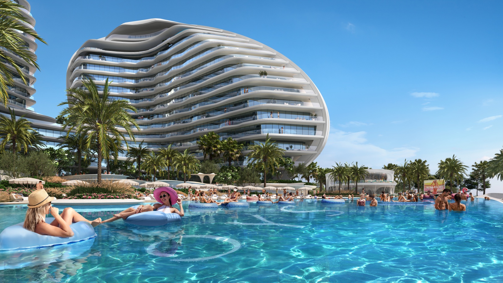 Resort pool beside an Oystra residential tower on Al Marjan Island