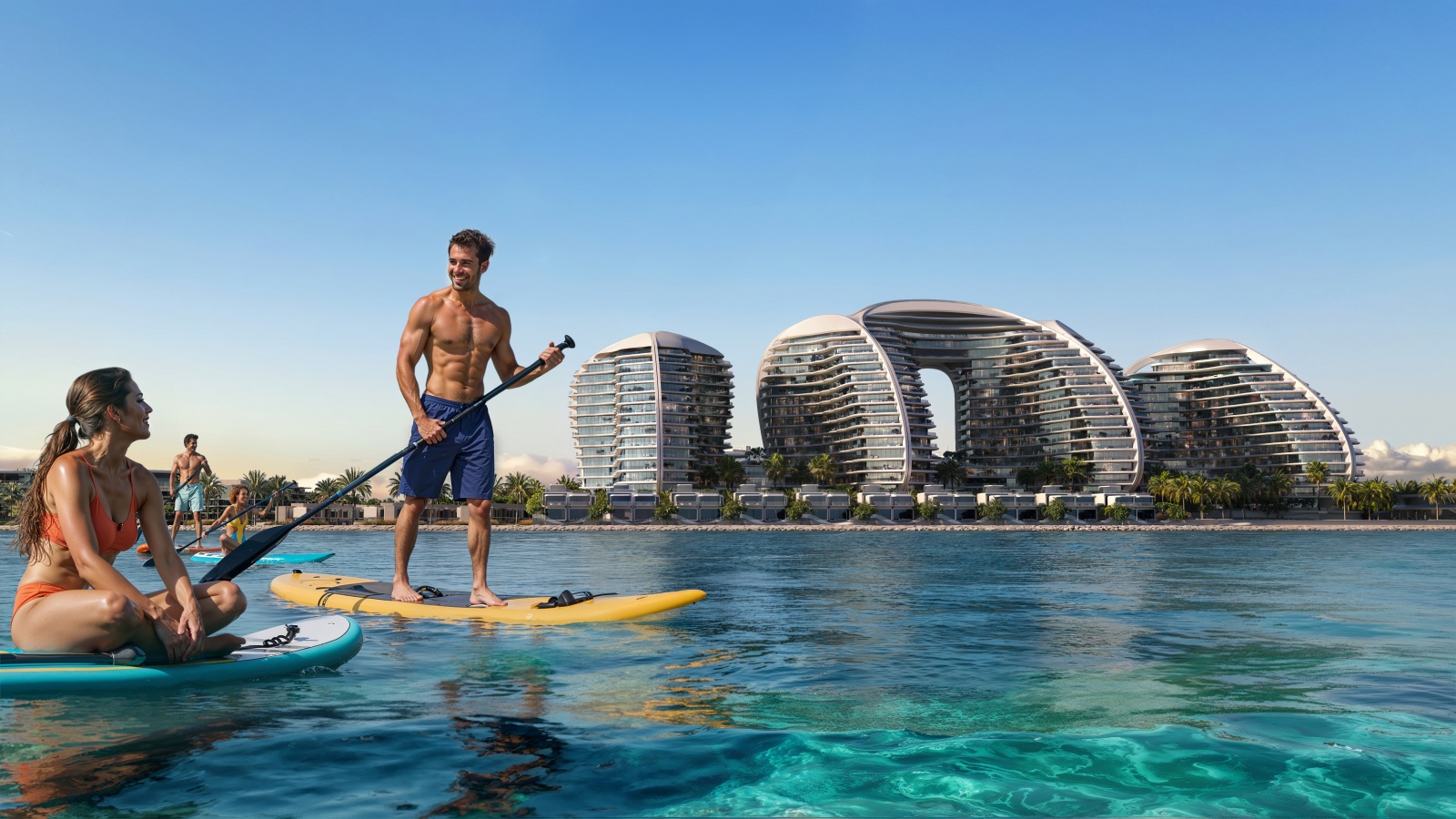 Paddleboarding with Oystra residences on the Al Marjan Island waterfront