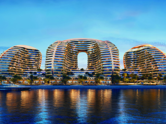 Oystra by Richmind waterfront towers at sunset on Al Marjan Island