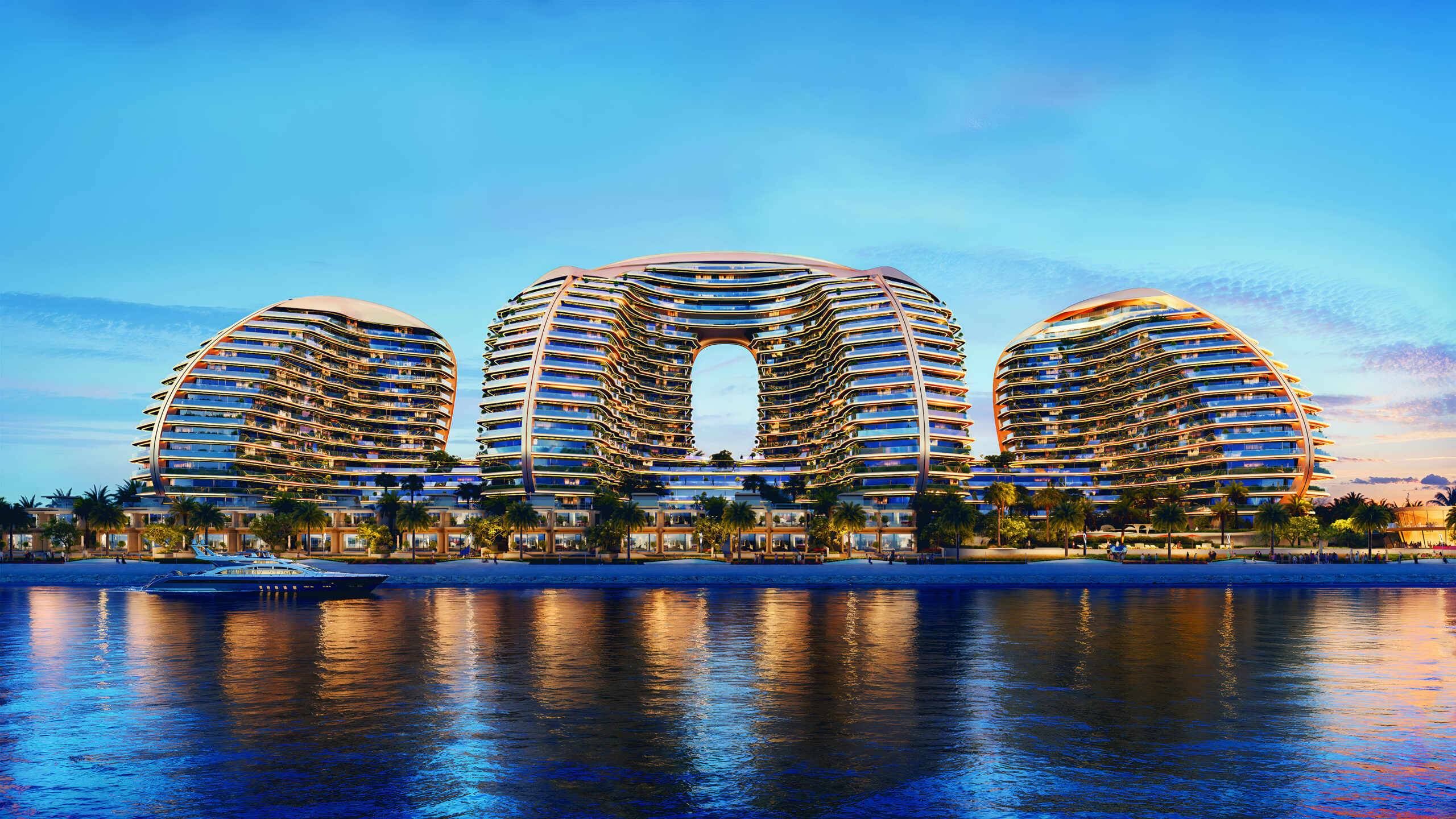 Oystra by Richmind waterfront towers at sunset on Al Marjan Island