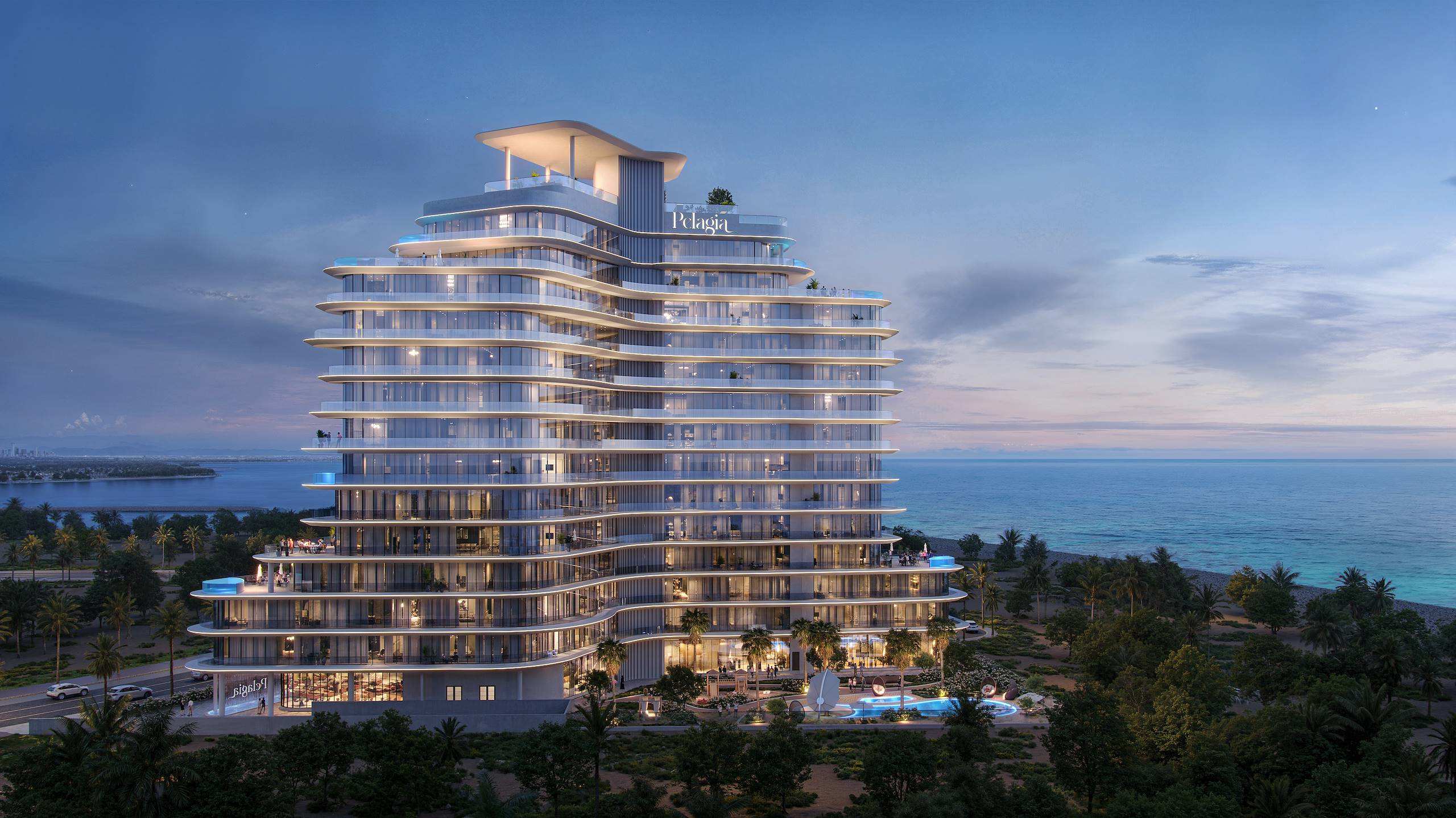 Signature exterior render of Pelagia on Al Marjan Island