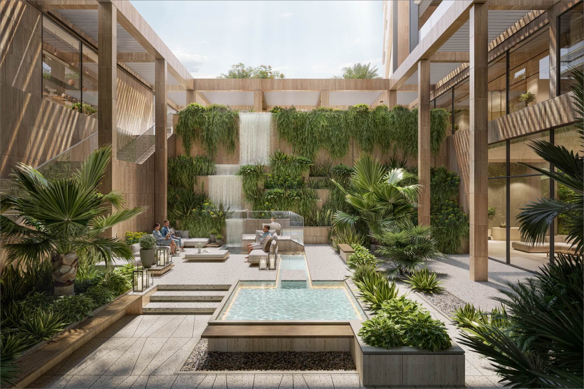 Landscaped courtyard with cascading water feature at Playa Del Sol