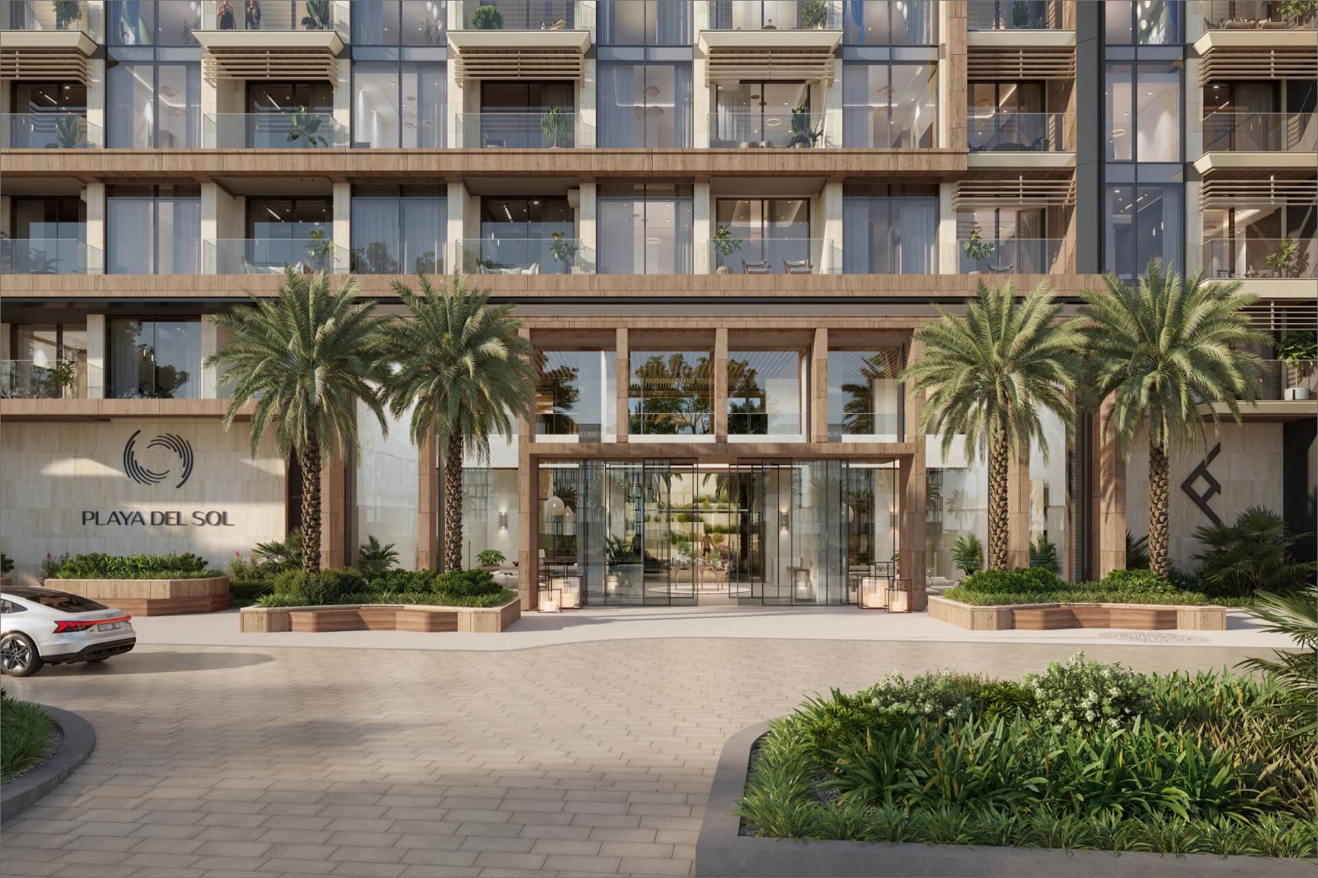 Main entrance and landscaped arrival at Playa Del Sol on Al Marjan Island