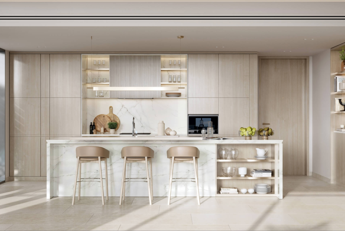 Contemporary kitchen with marble island at Playa Del Sol