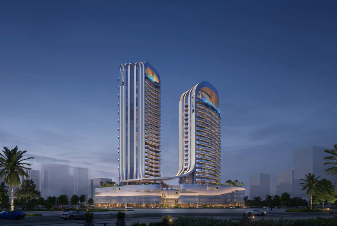 Exterior render of Radisson Blu Residences at RAK Central, view 2