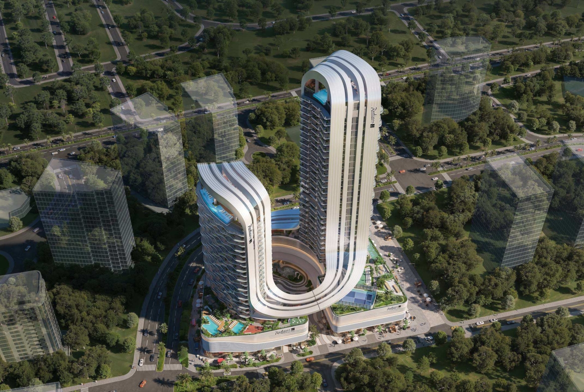Exterior render of Radisson Blu Residences at RAK Central, view 3