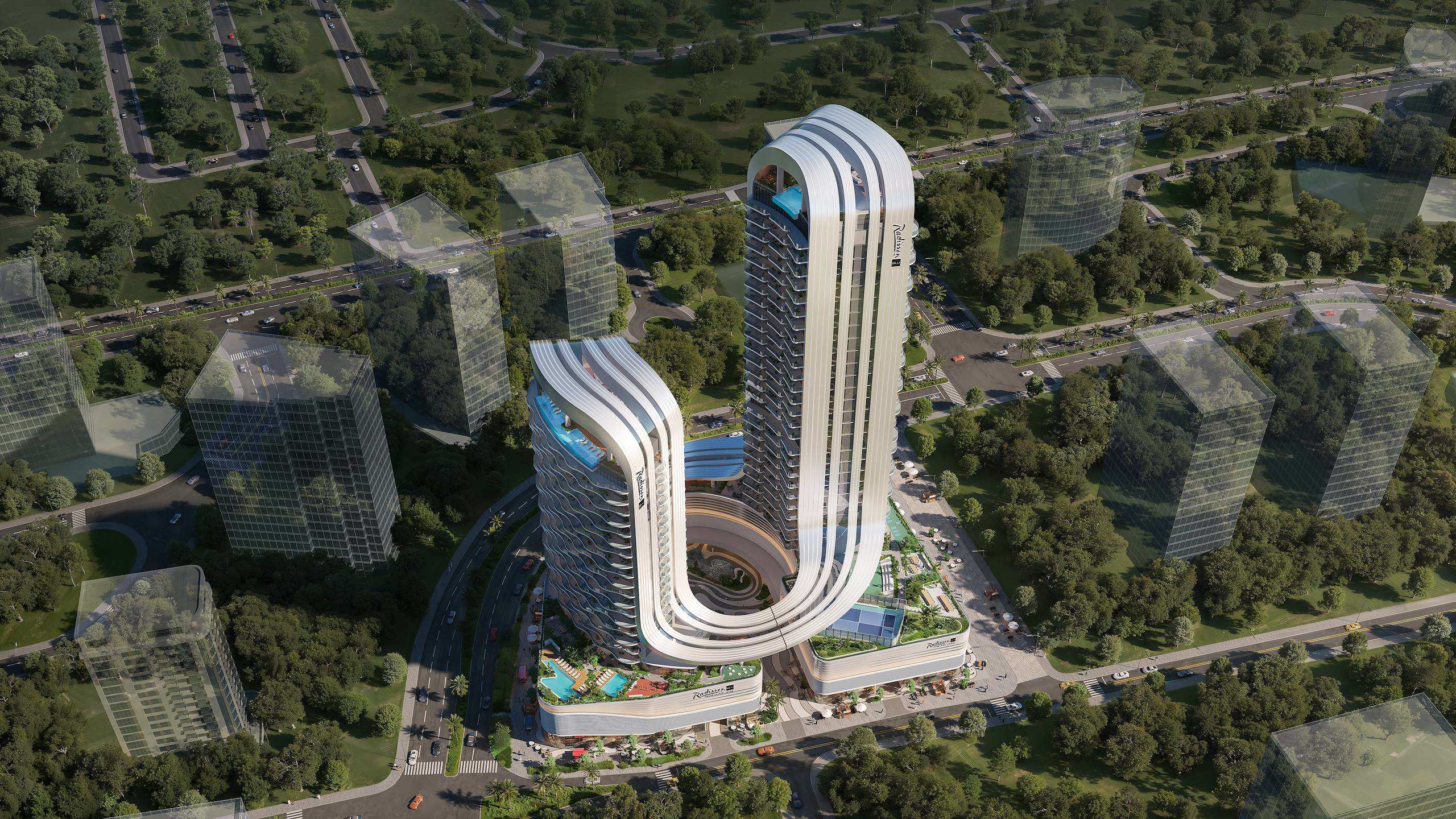 Radisson Blu Residences RAK Central exterior view 3 Exterior render of Radisson Blu Residences at RAK Central, view 3