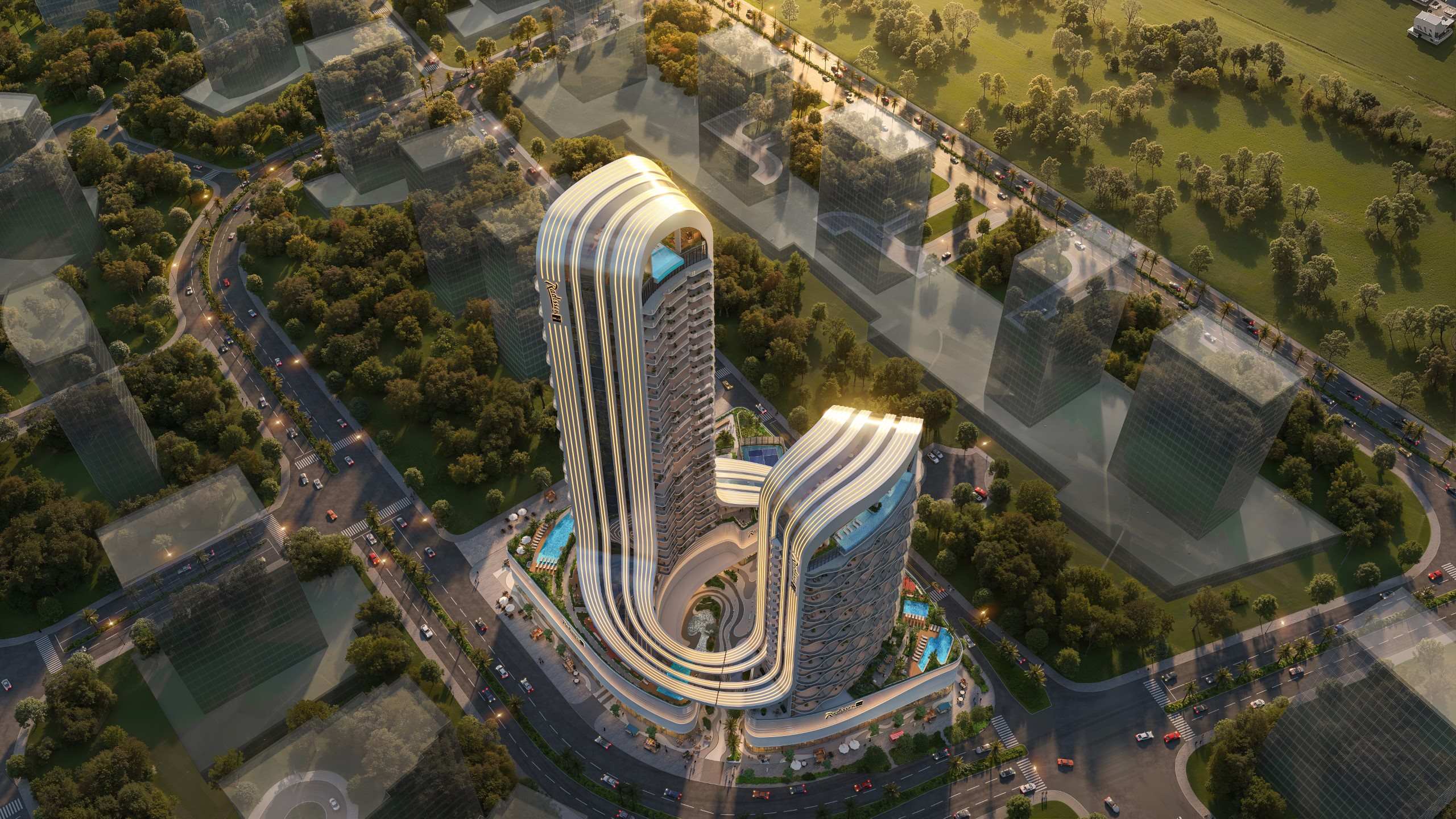 Radisson Blu Residences RAK Central exterior view 4 Exterior render of Radisson Blu Residences at RAK Central, view 4