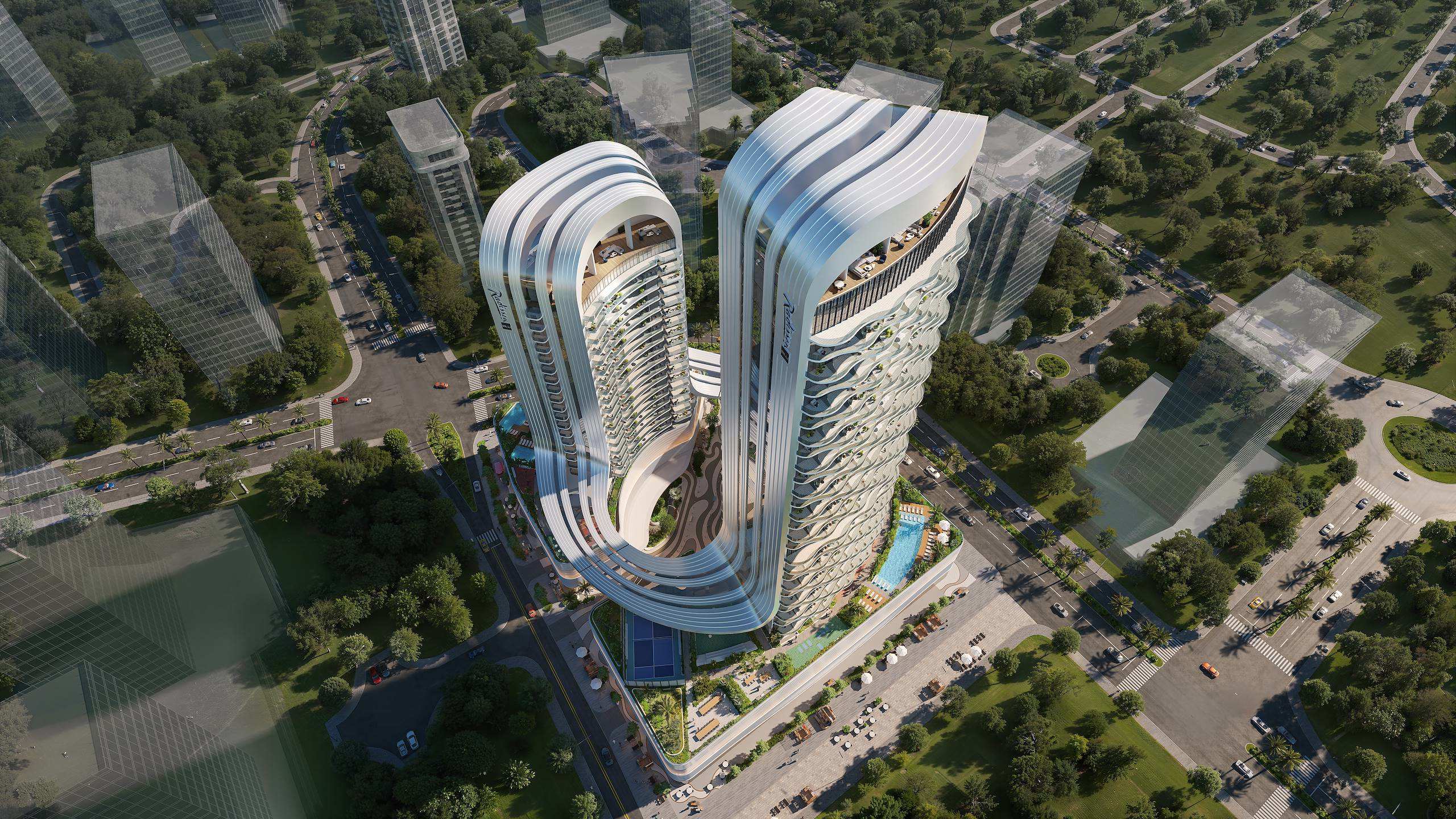 Radisson Blu Residences RAK Central exterior view 7 Exterior render of Radisson Blu Residences at RAK Central, view 7
