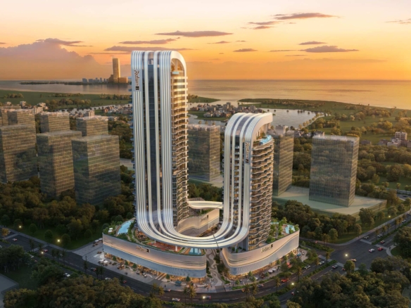 Sunset aerial render of Radisson Blu Residences at RAK Central