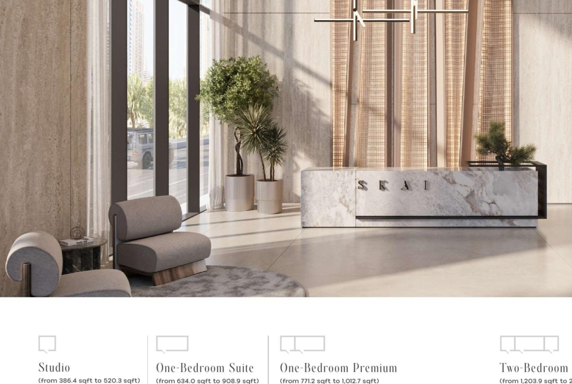 SKAI residence lobby and common-area interior rendering