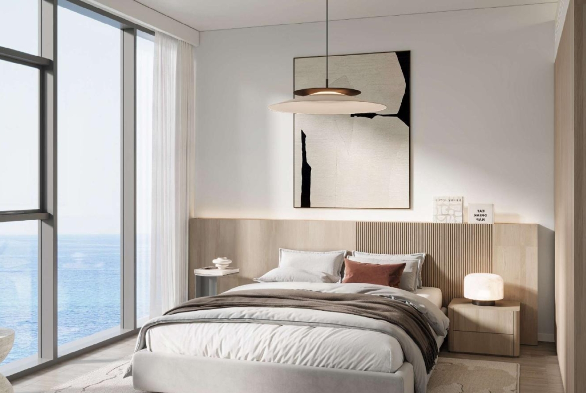 SKAI apartment bedroom with floor-to-ceiling windows