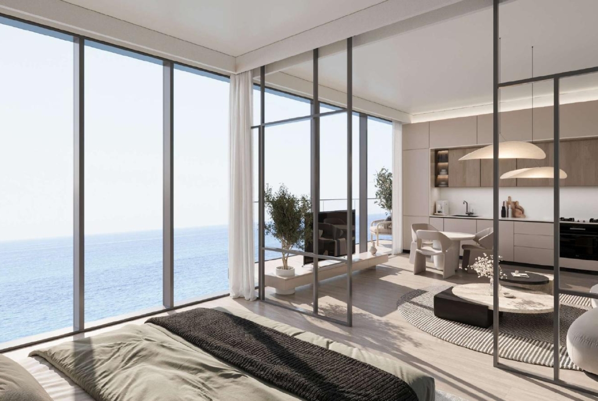 SKAI furnished apartment living room overlooking the waterfront