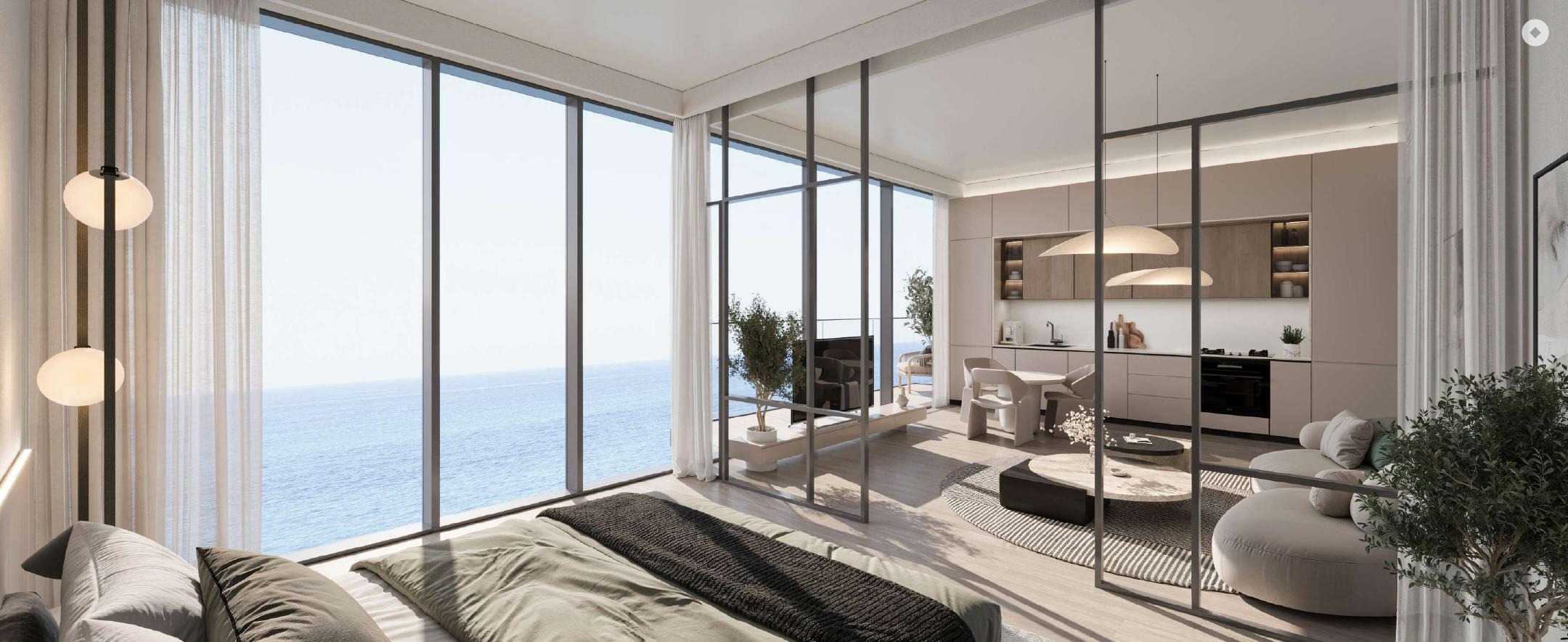 SKAI apartment living room SKAI furnished apartment living room overlooking the waterfront