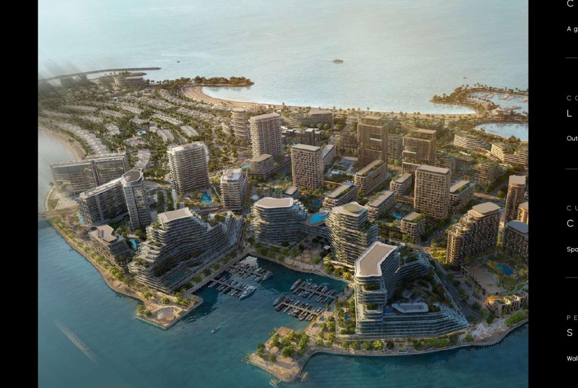 Solera waterfront masterplan aerial rendering in Mina Ras Al Khaimah