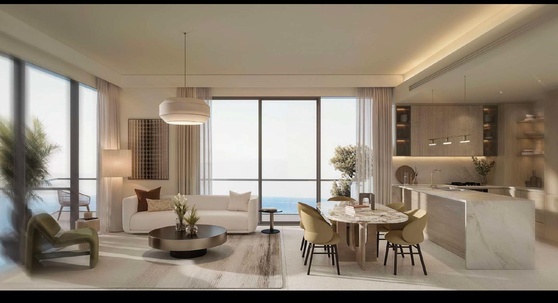 Solera apartment living and dining interior rendering