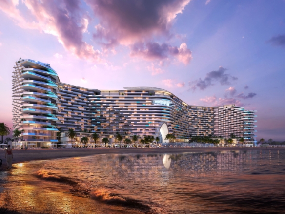 Sora Beach Residences by Aark Developers on Al Marjan Island at sunset