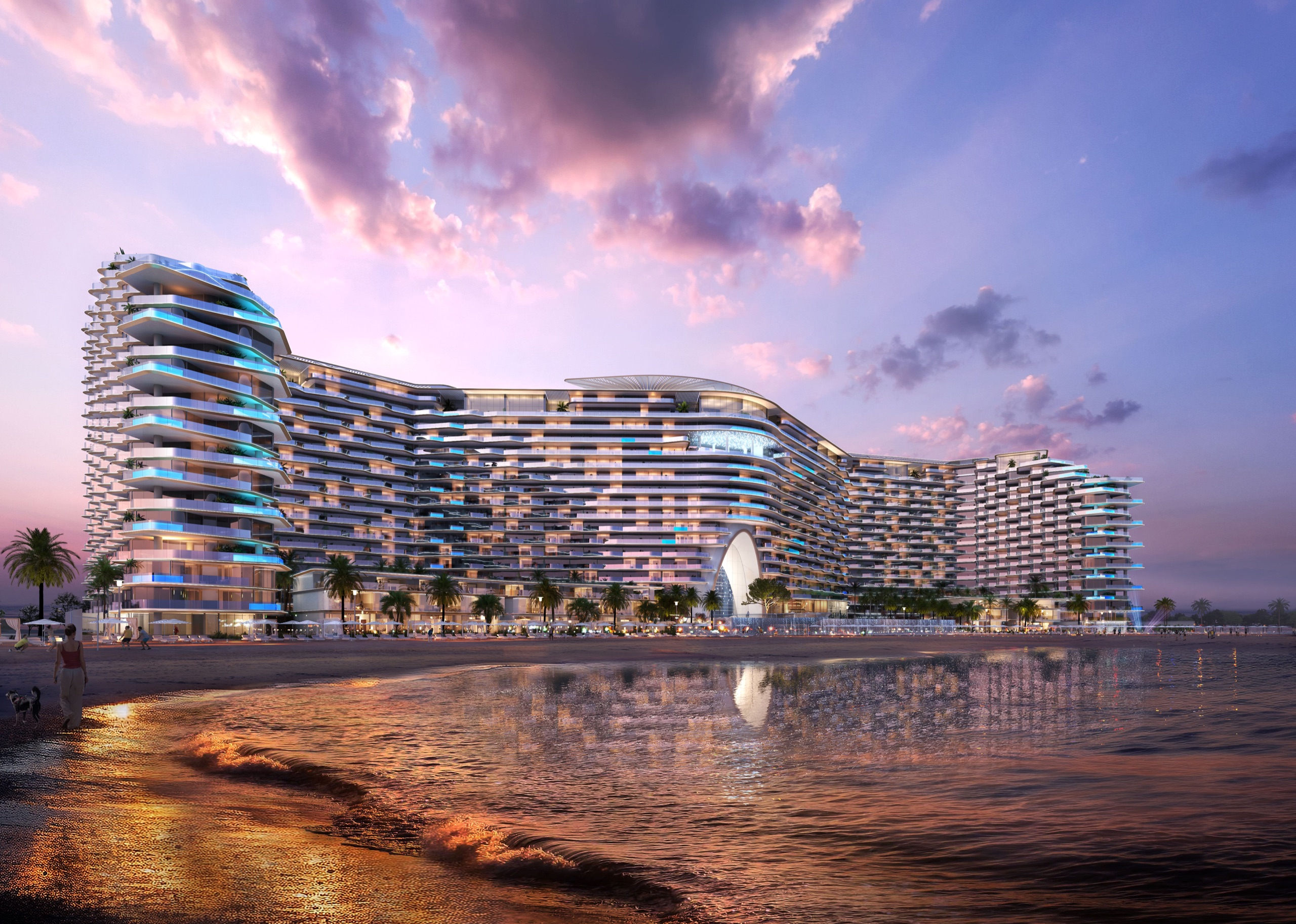 Sora Beach Residences by Aark Developers on Al Marjan Island at sunset