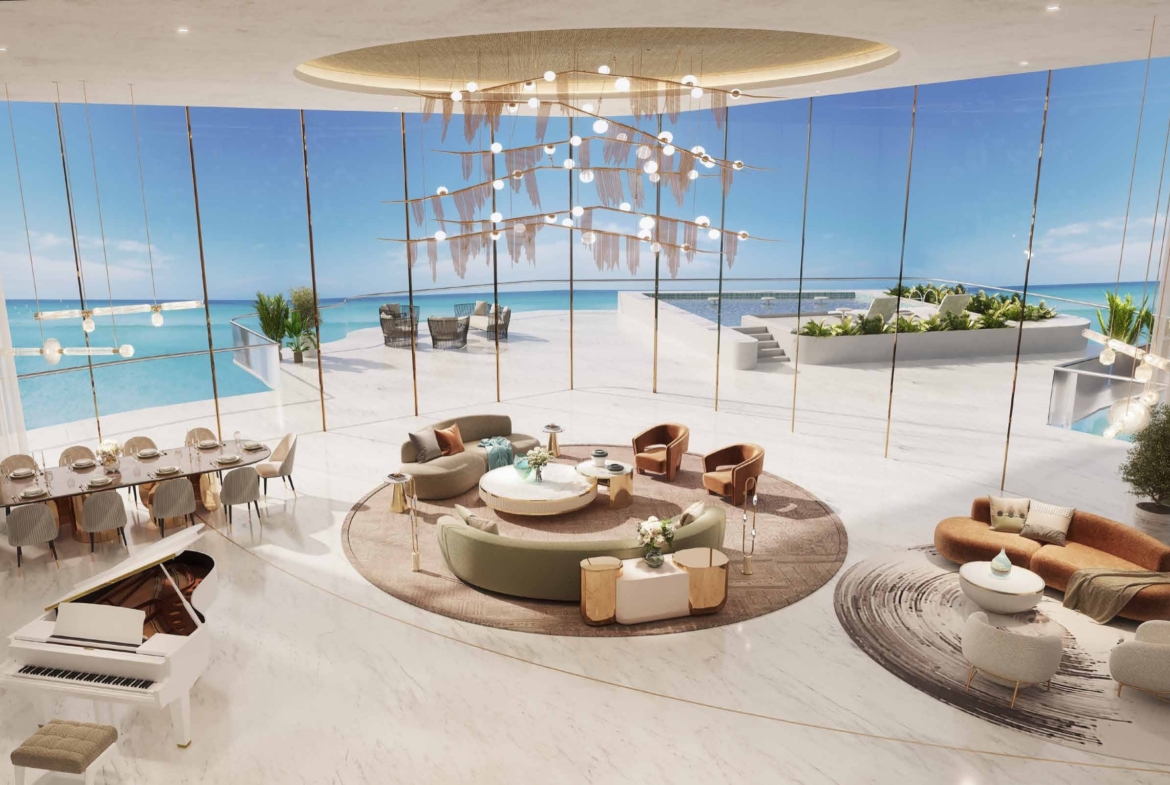 Sea-facing sky villa living room at Sora Beach Residences