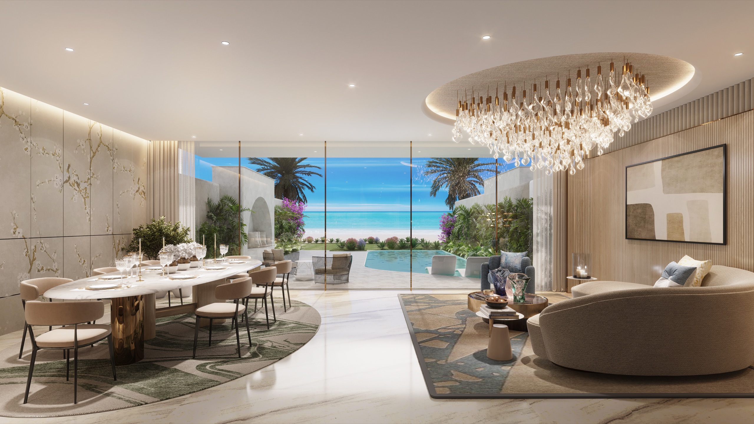 Beach villa living and dining area with private pool at Sora Beach Residences