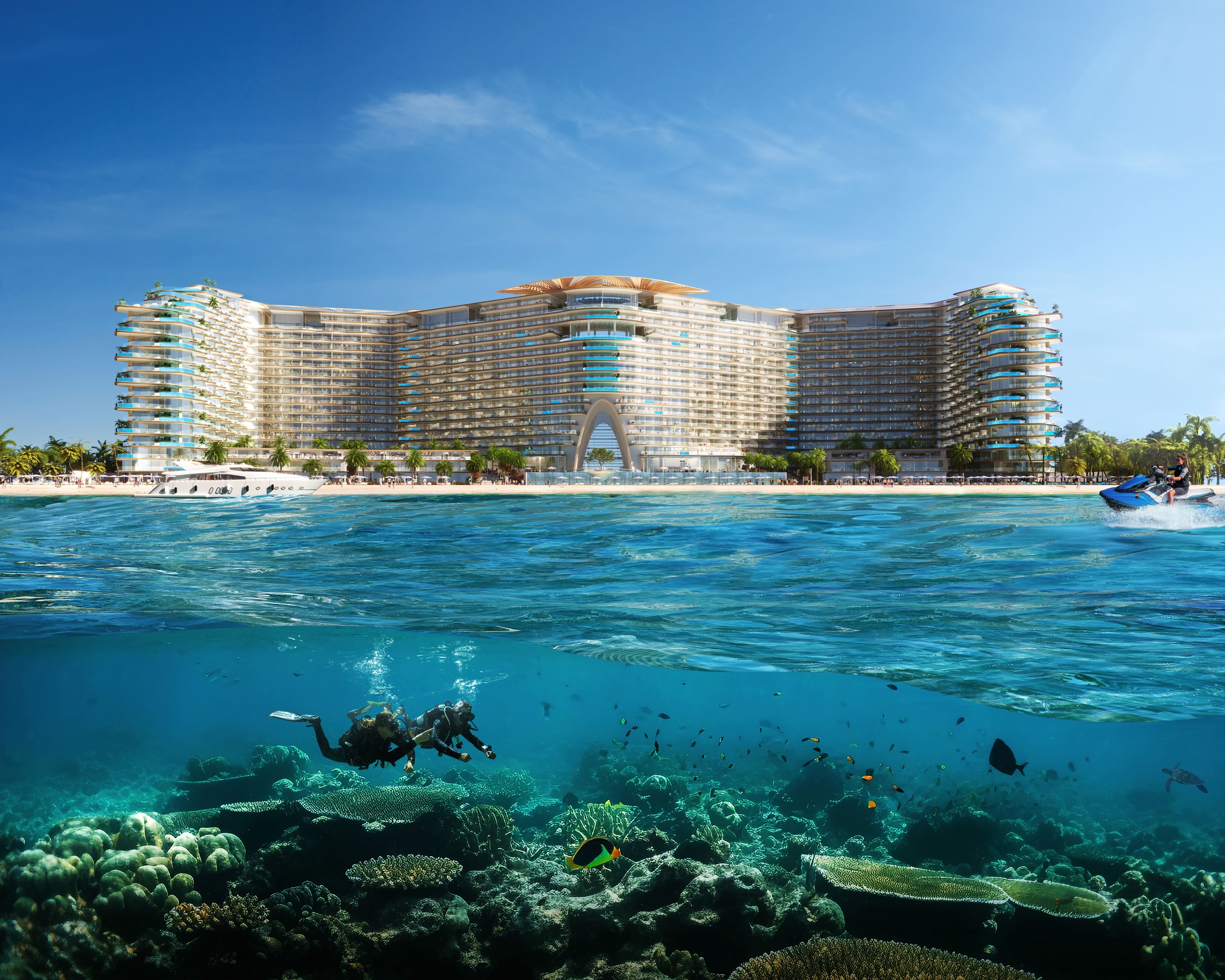 Sora Beach Residences waterfront exterior viewed across the sea