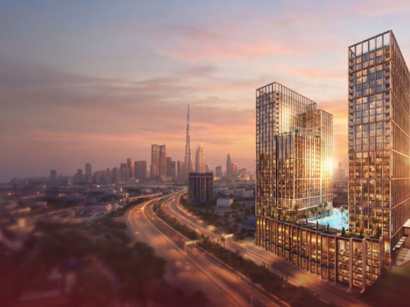 Binghatti Spectre twin towers at sunset in Al Jaddaf Dubai