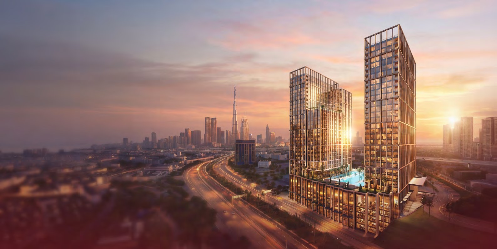 Binghatti Spectre twin towers at sunset in Al Jaddaf Dubai
