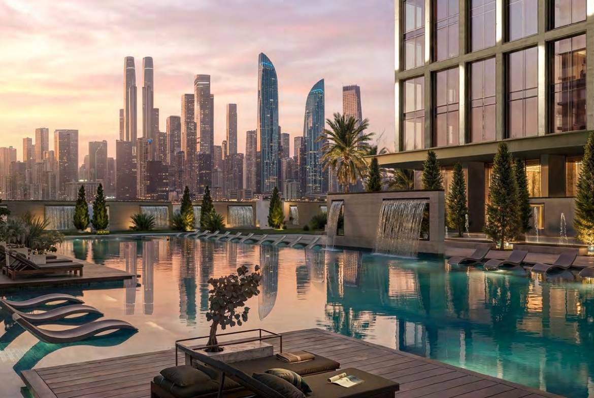 Pool deck at Binghatti Spectre with the Dubai skyline beyond