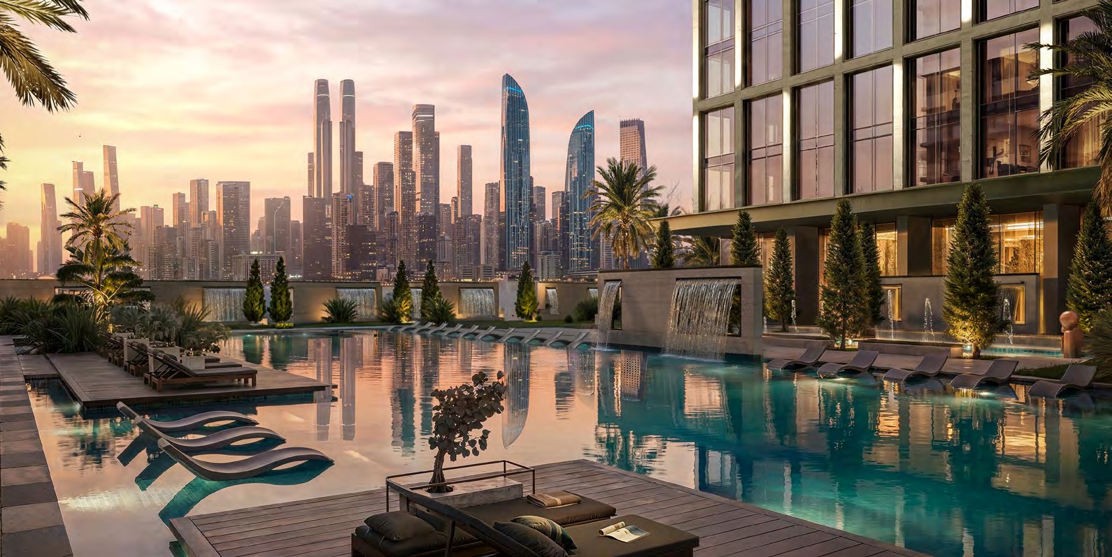 Pool deck at Binghatti Spectre with the Dubai skyline beyond