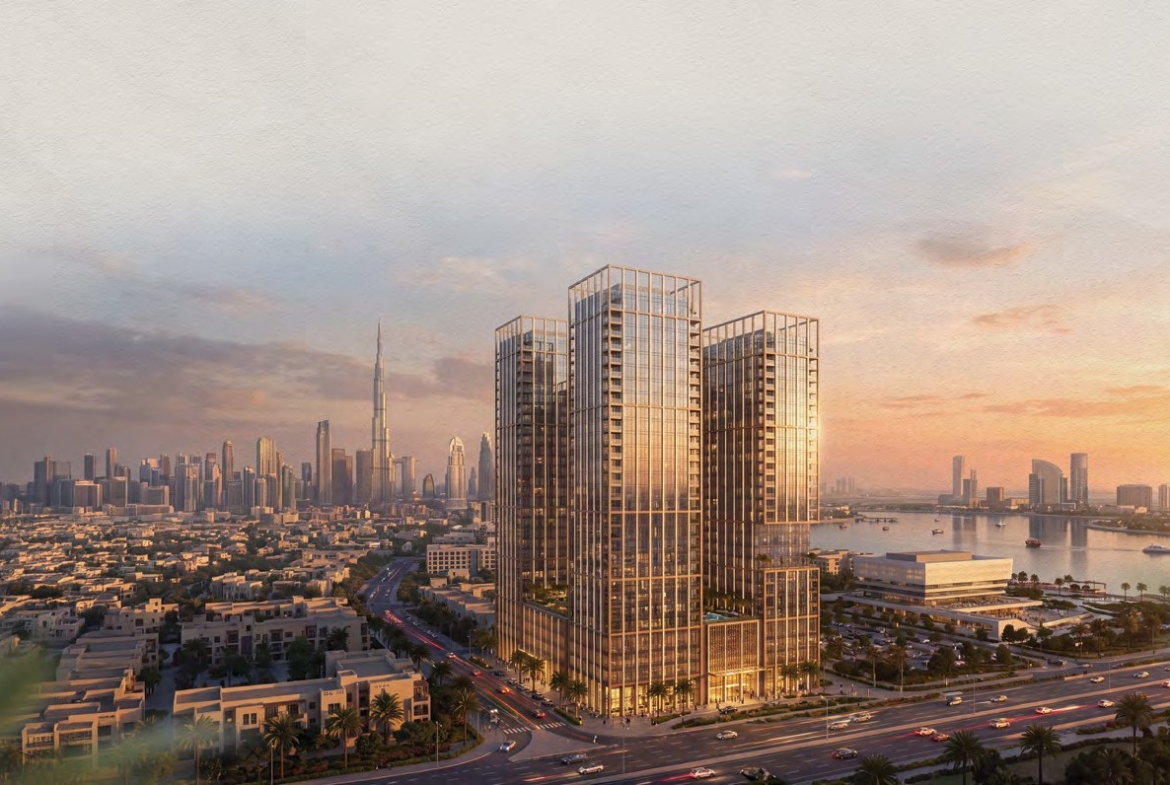 Binghatti Spectre twin towers overlooking Al Jaddaf and Dubai Creek