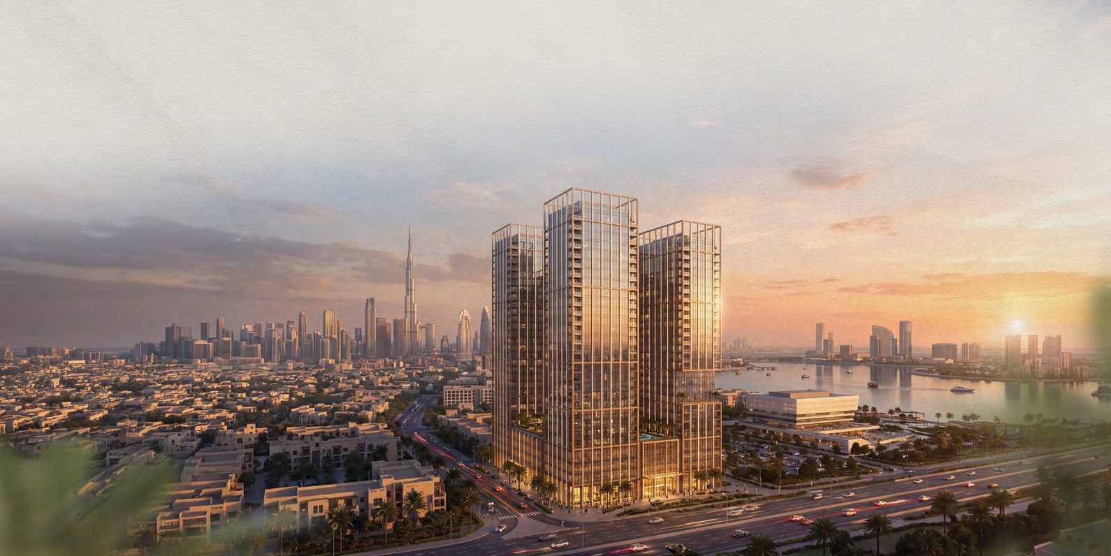 Binghatti Spectre twin towers overlooking Al Jaddaf and Dubai Creek