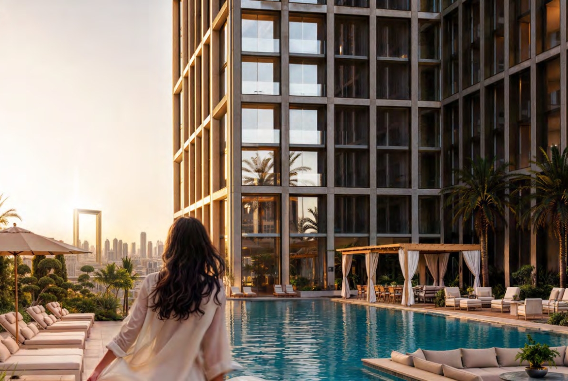 Landscaped poolside arrival at Binghatti Spectre