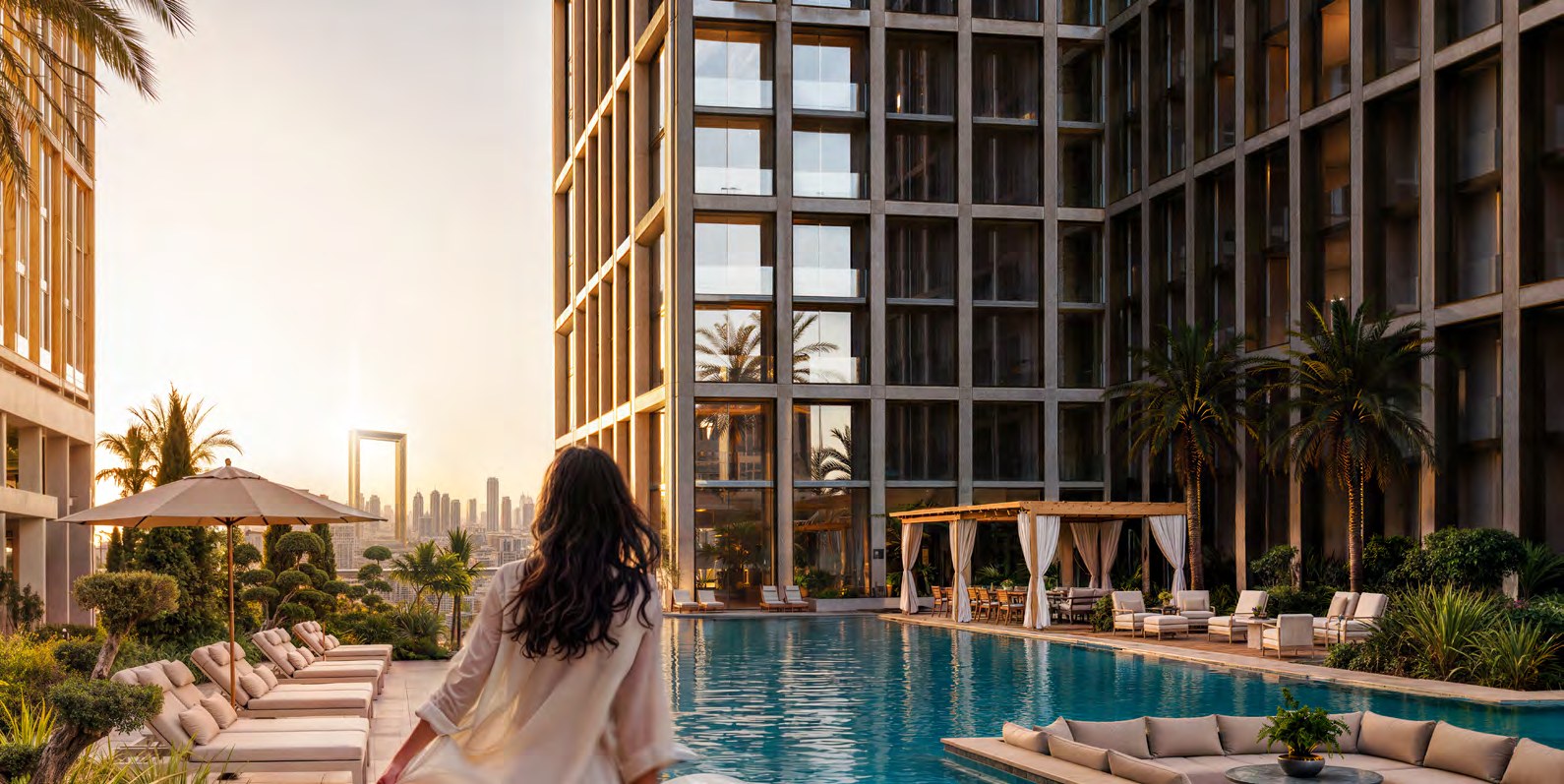 Landscaped poolside arrival at Binghatti Spectre