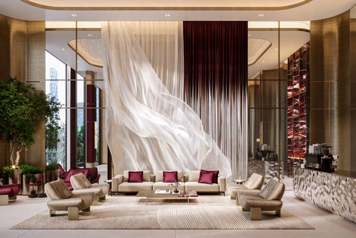 Binghatti Spectre lobby with sculptural centrepiece and lounge seating