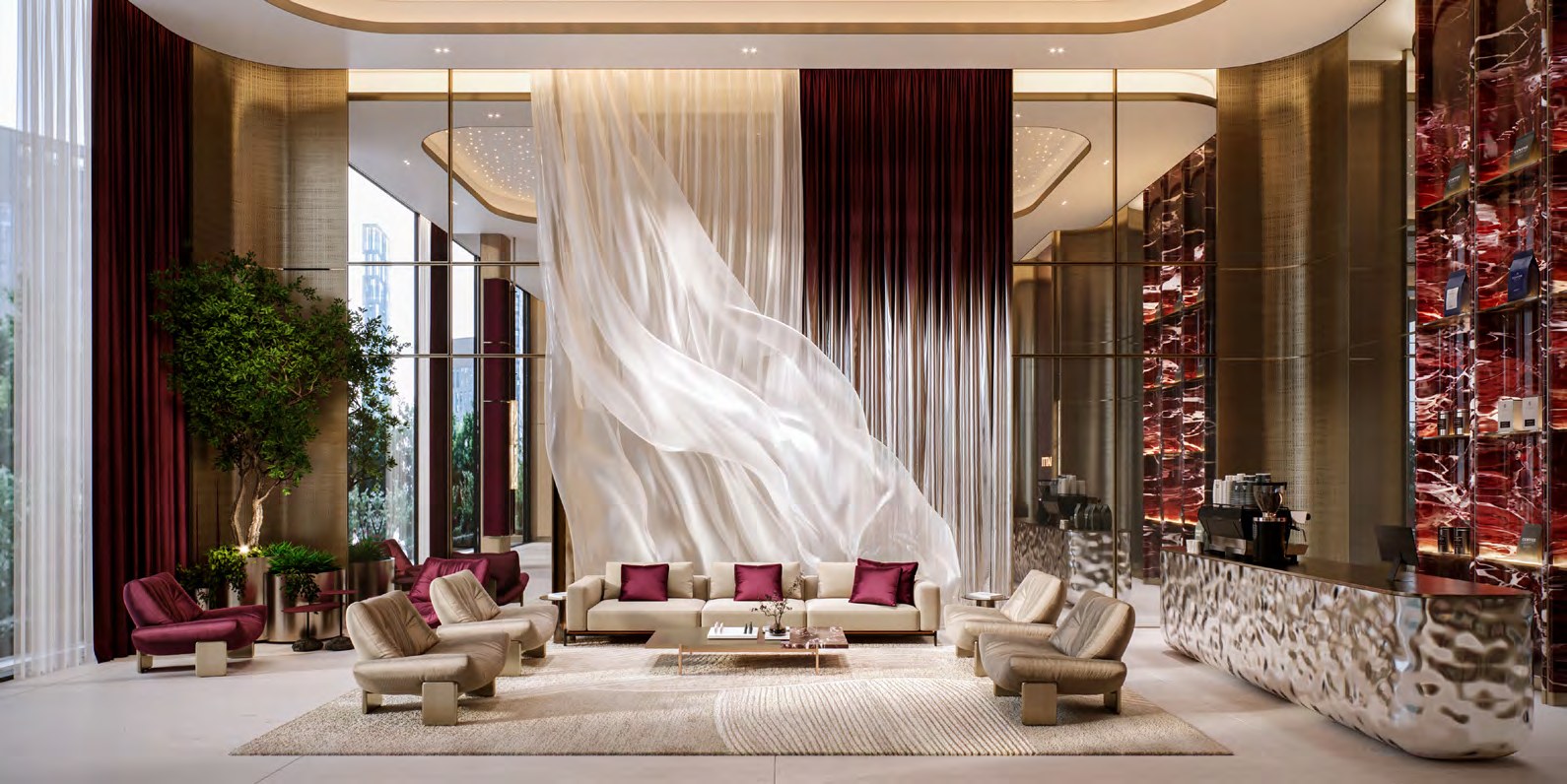 Binghatti Spectre lobby with sculptural centrepiece and lounge seating