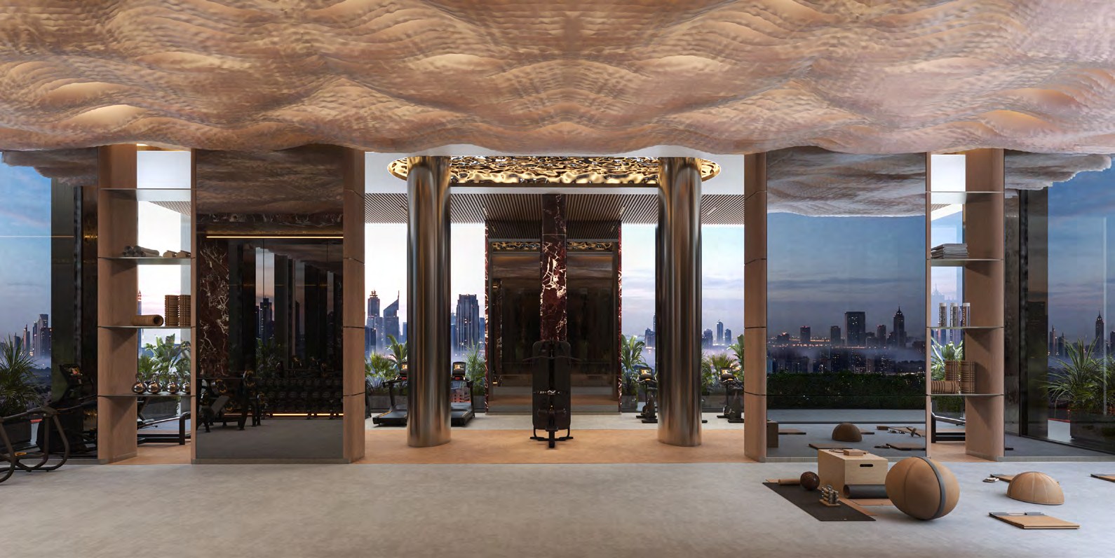 Open residents lounge at Binghatti Spectre with skyline views