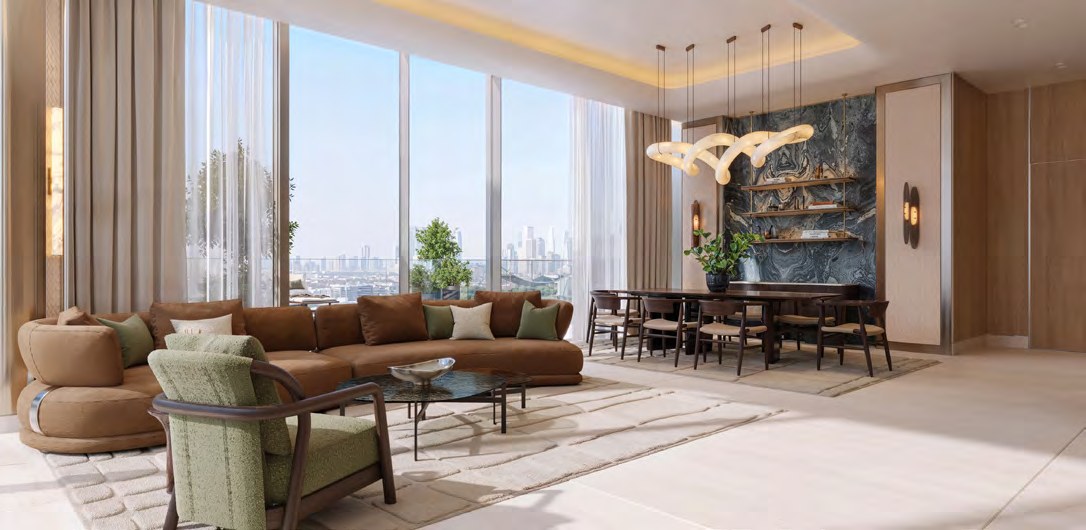 Open-plan living and dining room inside a Binghatti Spectre residence