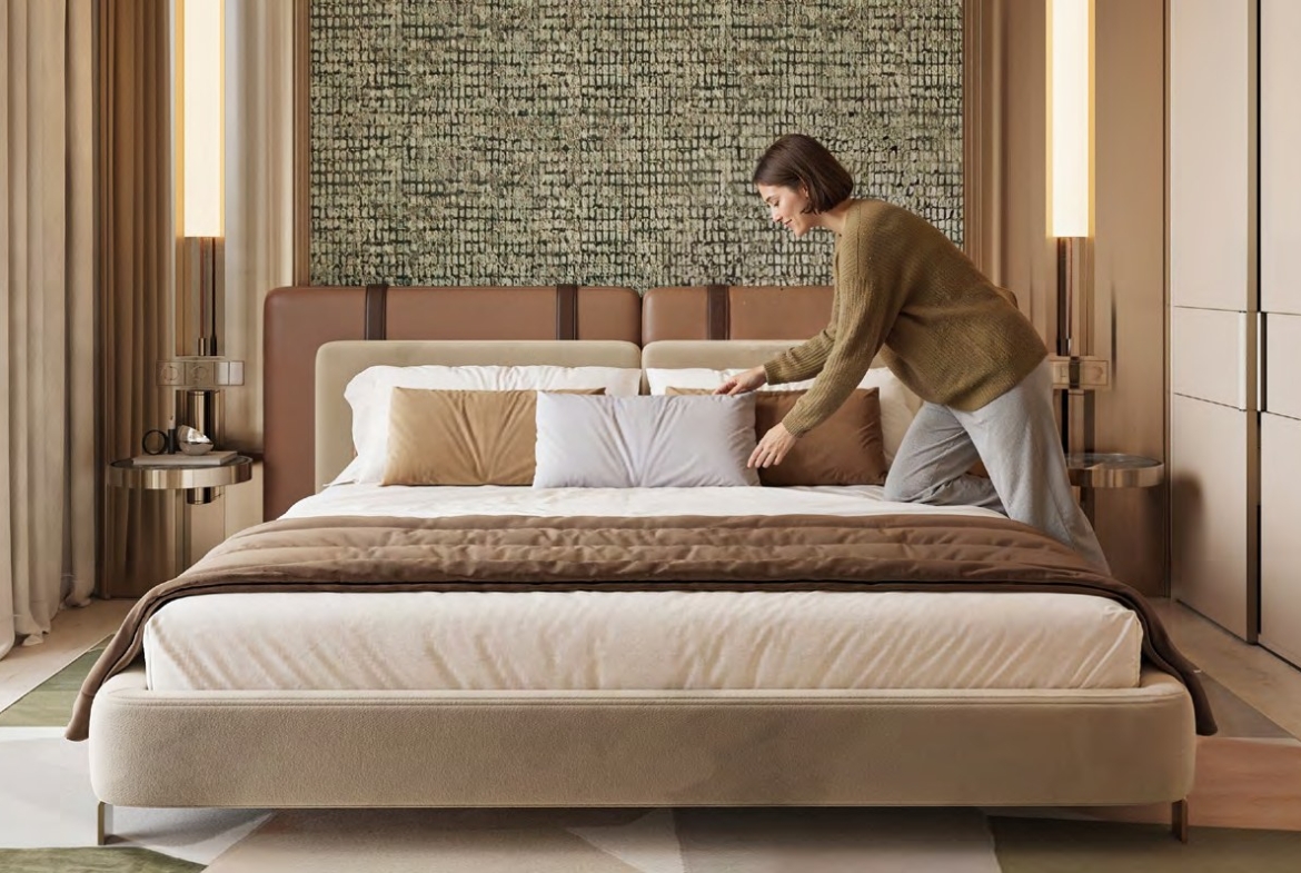 Bedroom interior with full-height windows at Binghatti Spectre