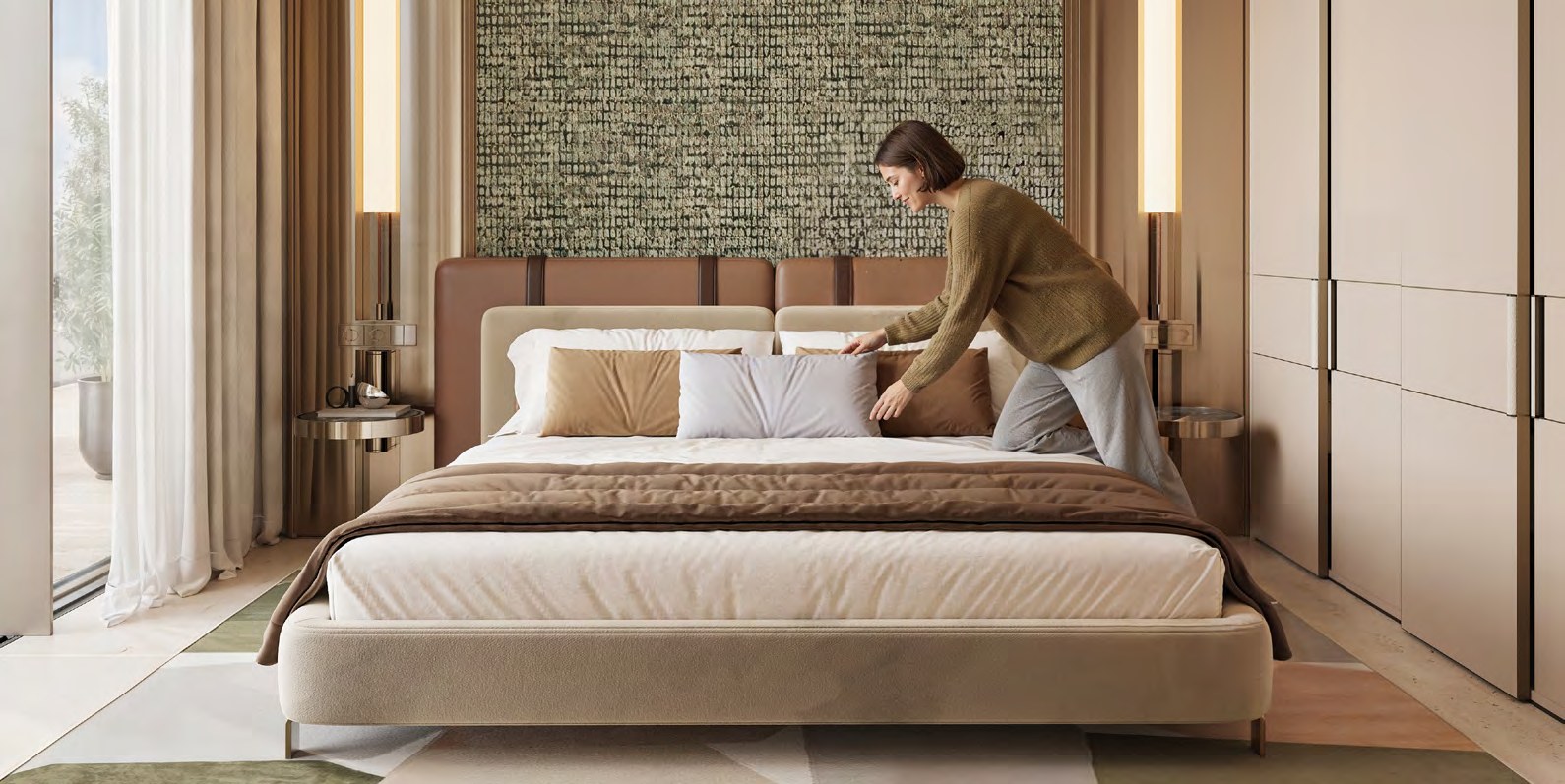 Bedroom interior with full-height windows at Binghatti Spectre