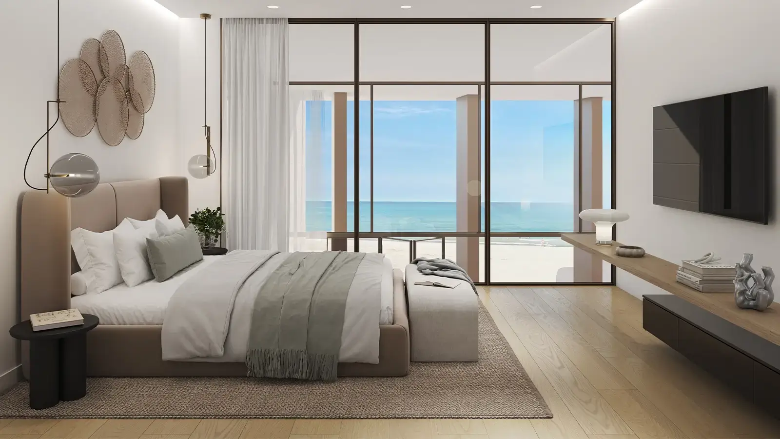 Bedroom with Arabian Gulf view at Beach House at Bay Residences