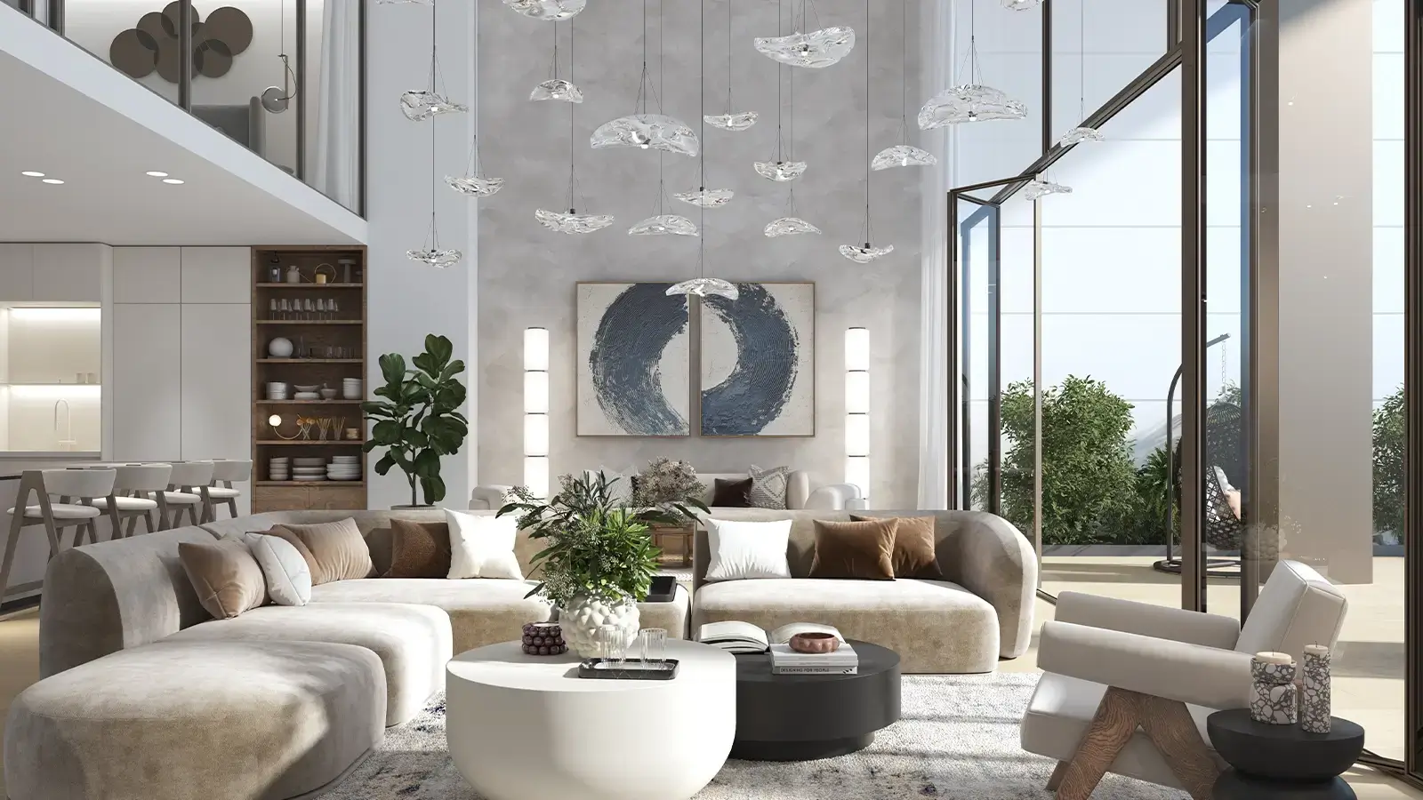 Double-height living room at Beach House at Bay Residences in Mina Al Arab